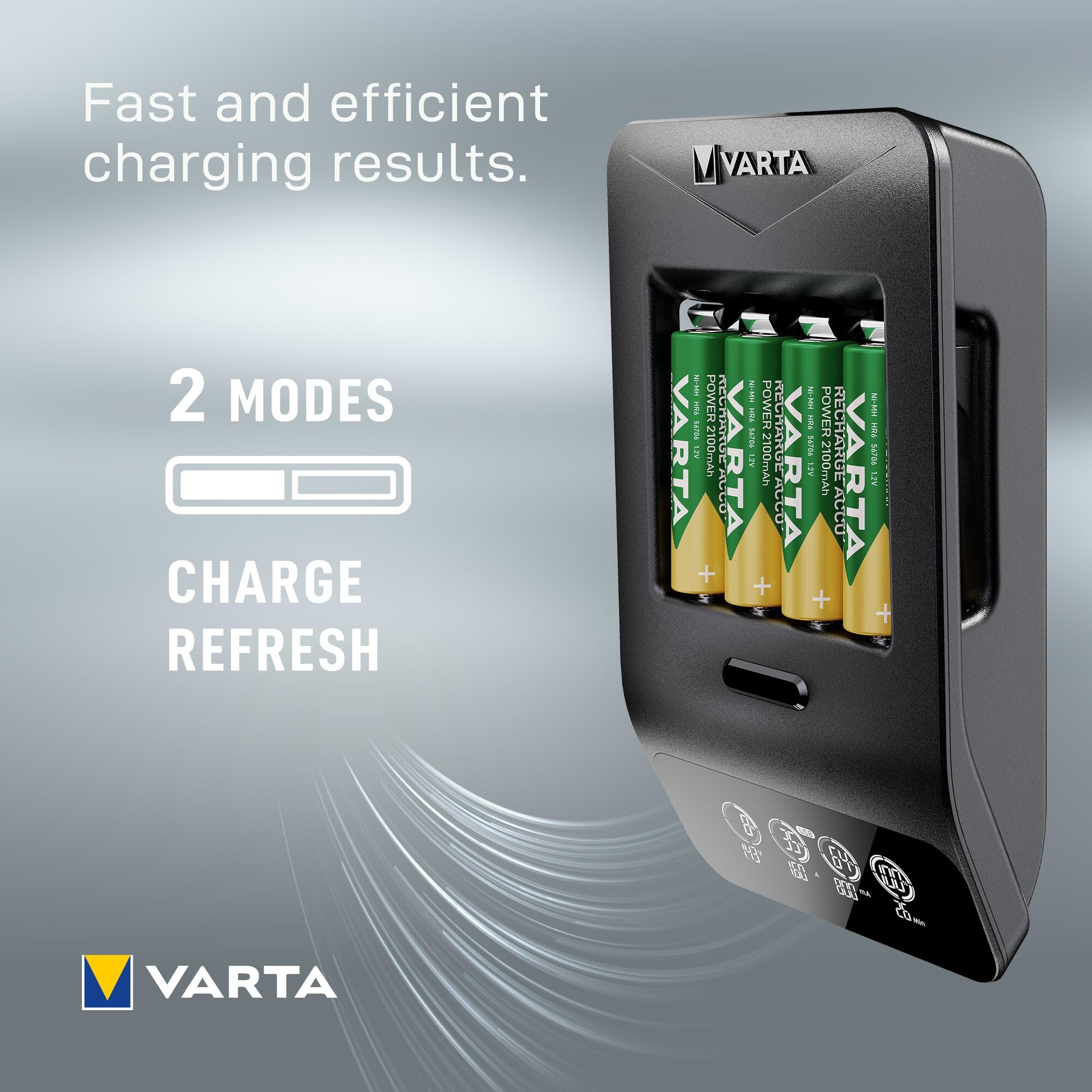 VARTA Akü şarj cihazı, 4 x AA 2100 mAh dahil, şarj edilebilir AA/AAA, LCD Smart Charger+ için, tek yuvalı şarj, 2 mod: Şarj, tazeleme