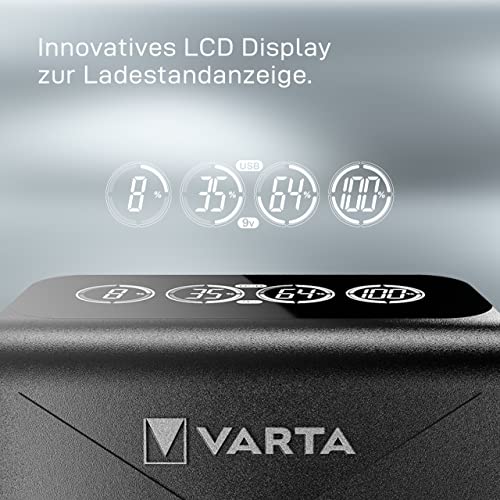 VARTA Akü şarj cihazı, 4 x AA 2100 mAh dahil, şarj edilebilir AA/AAA/9V ve USB cihazlar için, LCD Plug Charger+, tek yuvalı şarj, siyah