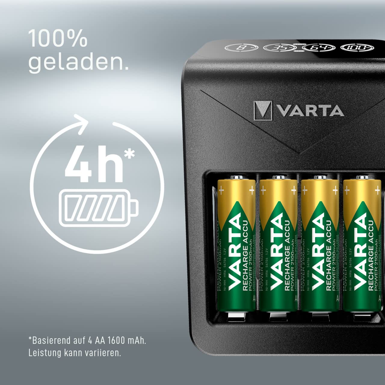 VARTA Akü şarj cihazı, 4 x AA 2100 mAh dahil, şarj edilebilir AA/AAA/9V ve USB cihazlar için, LCD Plug Charger+, tek yuvalı şarj, siyah