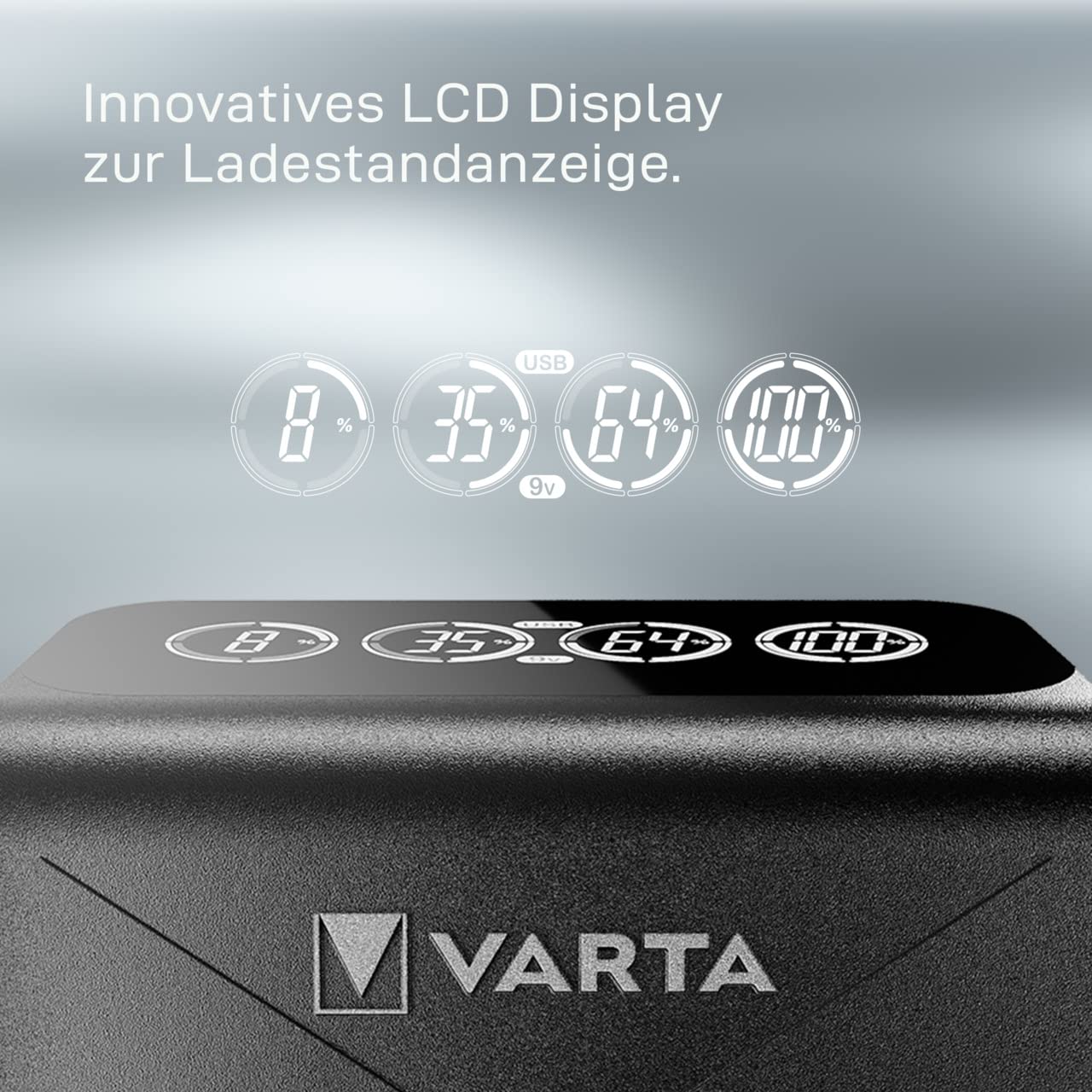 VARTA Akü şarj cihazı, 4 x AA 2100 mAh dahil, şarj edilebilir AA/AAA/9V ve USB cihazlar için, LCD Plug Charger+, tek yuvalı şarj, siyah