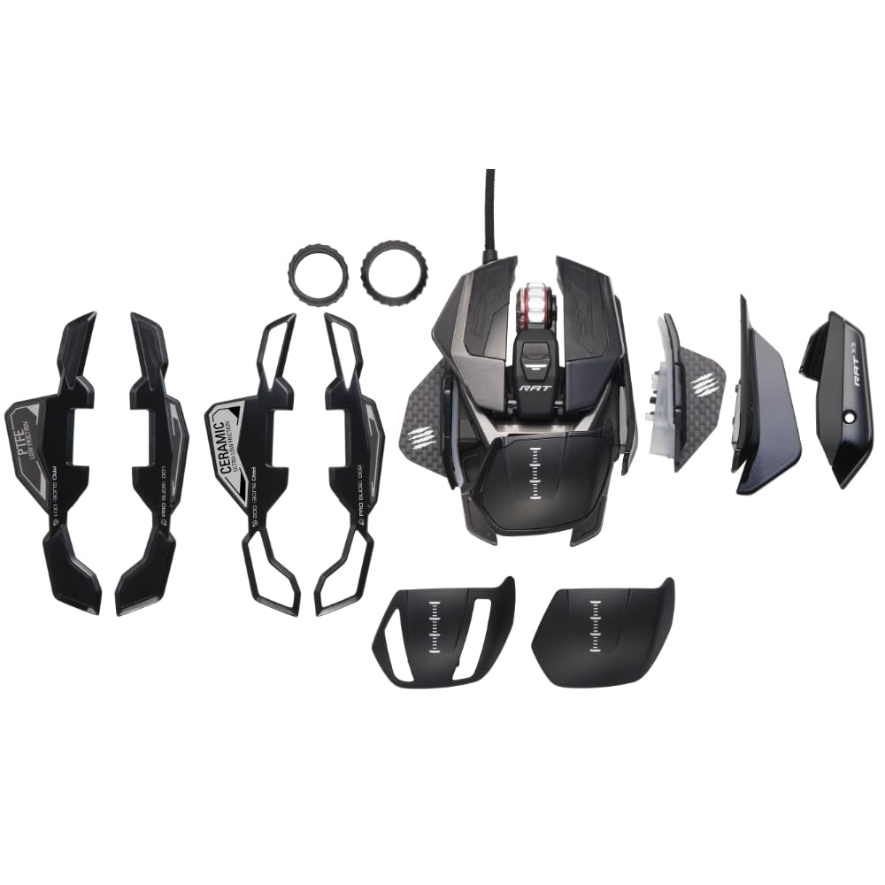 MAD CATZ Otantik R.A.T. PRO X3 kablolu Oyun Faresi, 3 Kaydırma Tekerleği Halka Seçenekleri, Ekstra aksesuarlarla, 10 kullanıcı profili için yerleşik bellek, Karbon Fiber Başparmak Dayanakları, Siyah