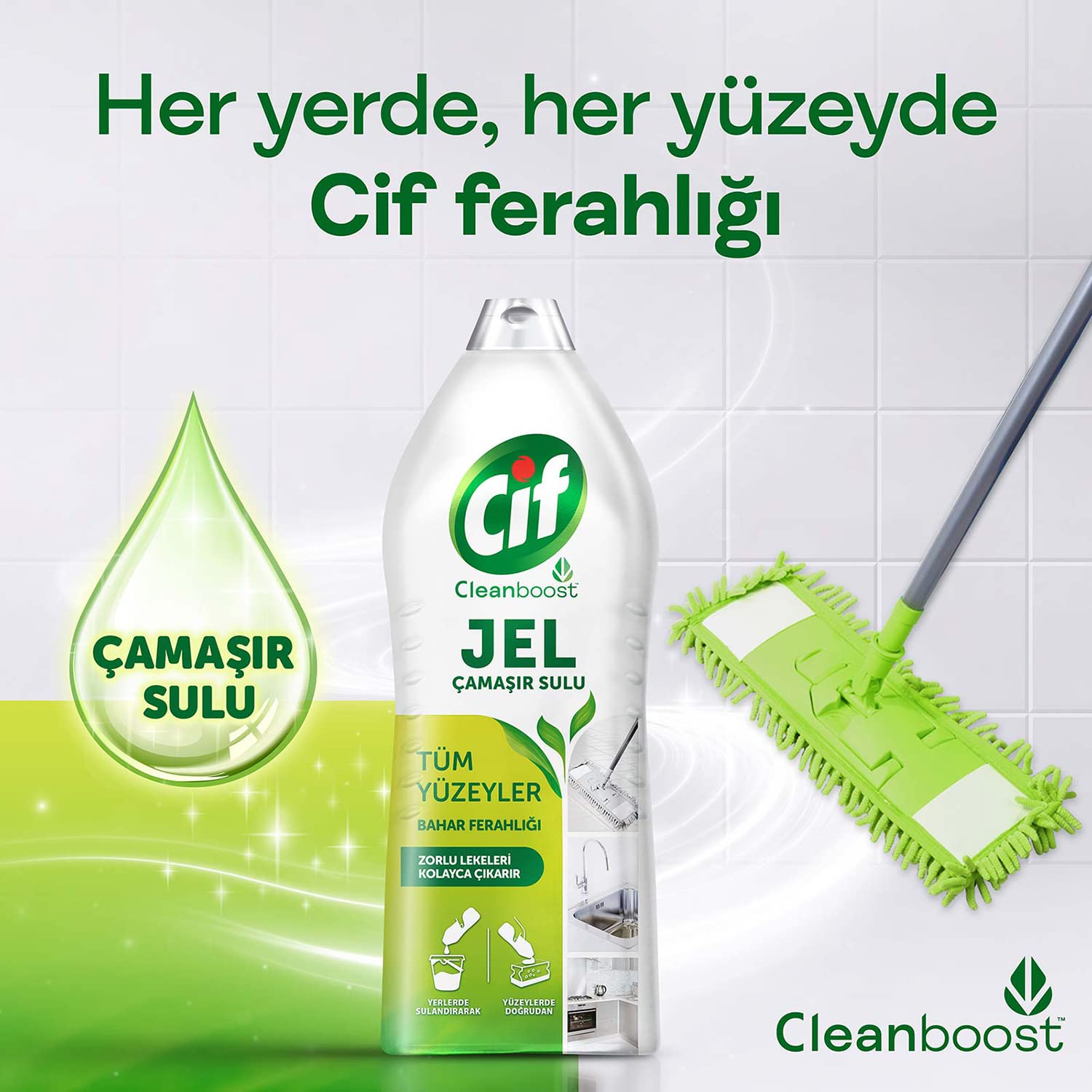 Cif Jel Yüzey Temizleyici Cleanboost Tüm Yüzeyler için Leke Çıkarıcı Çamaşır Sulu Bahar Ferahlığı 1500 ml