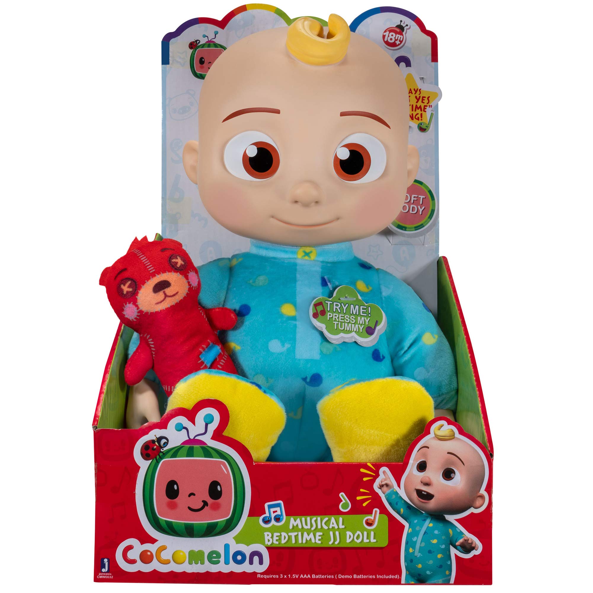 CoComelon Müzikal JJ Peluş Bebek - Yatmadan önce şarkı klipleri söylemek için karnına basın - özellik ve küçük yastık peluş oyuncak ayı içerir