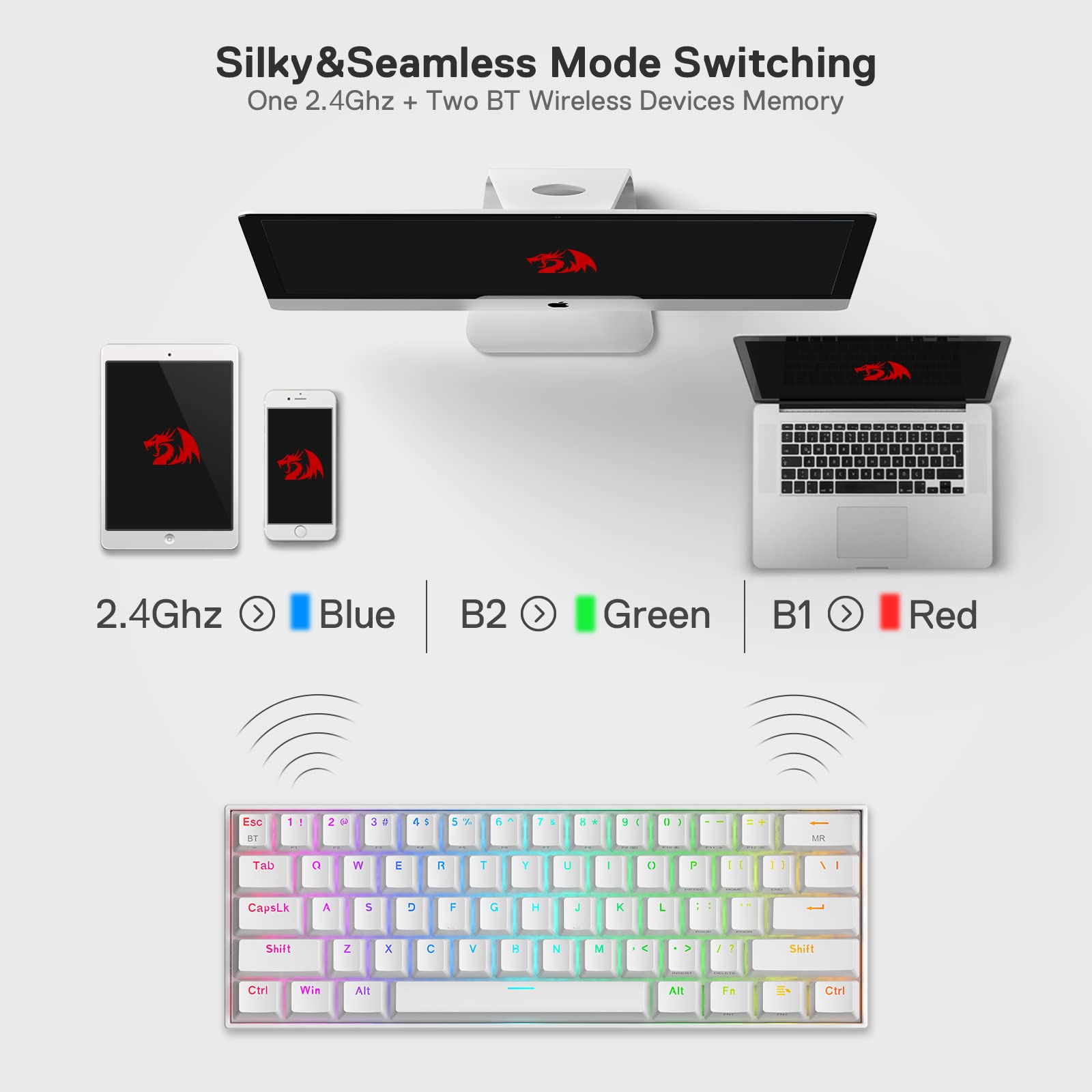 Redragon K530 Draconic%60 Kompakt RGB Kablosuz, 5.0 Bluetooth Oyun Klavyesi Kahverengi Anahtarlı ve 16,8 Milyon RGB Aydınlatma