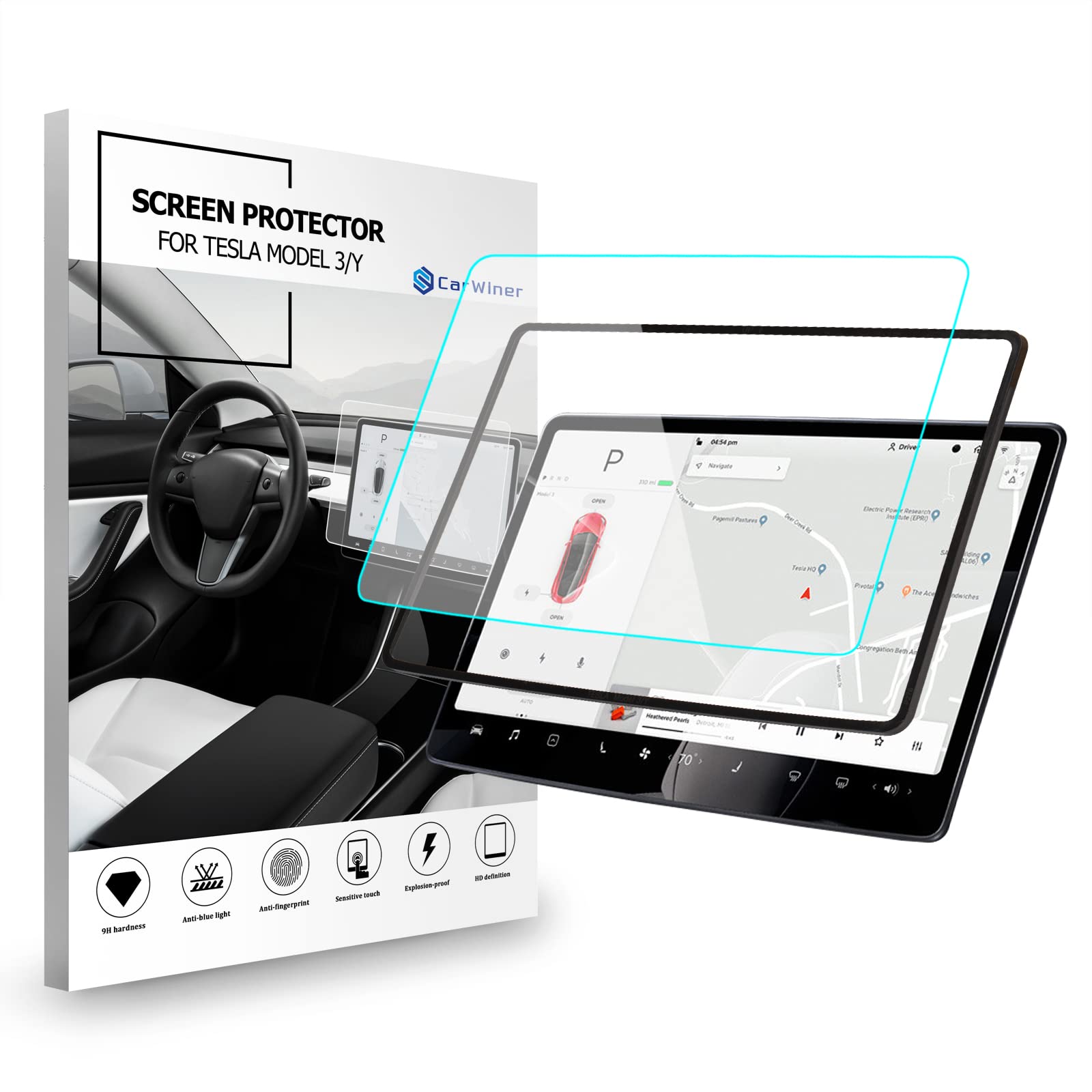 Carwiner Mat Ekran Koruyucu Tesla Model 3 Model Y 15 inç Merkez Kontrolü Dokunmatik Ekran Araba Navigasyon Temperli Cam Aksesuarları 9H Parlama Önleyici Parmak İzi