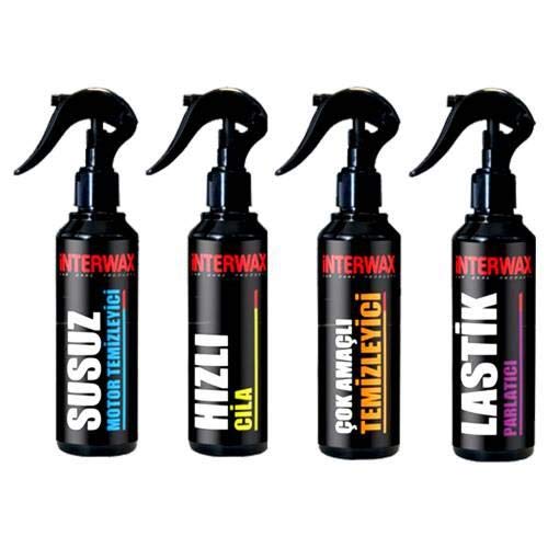 INTERWAX 4'LÜ OTO BAKIM SETİ (SUSUZ MOTOR-HIZLI CİLA-DÖŞEME TEMİZLEME-LASTİK PARLATICI) 230 ML