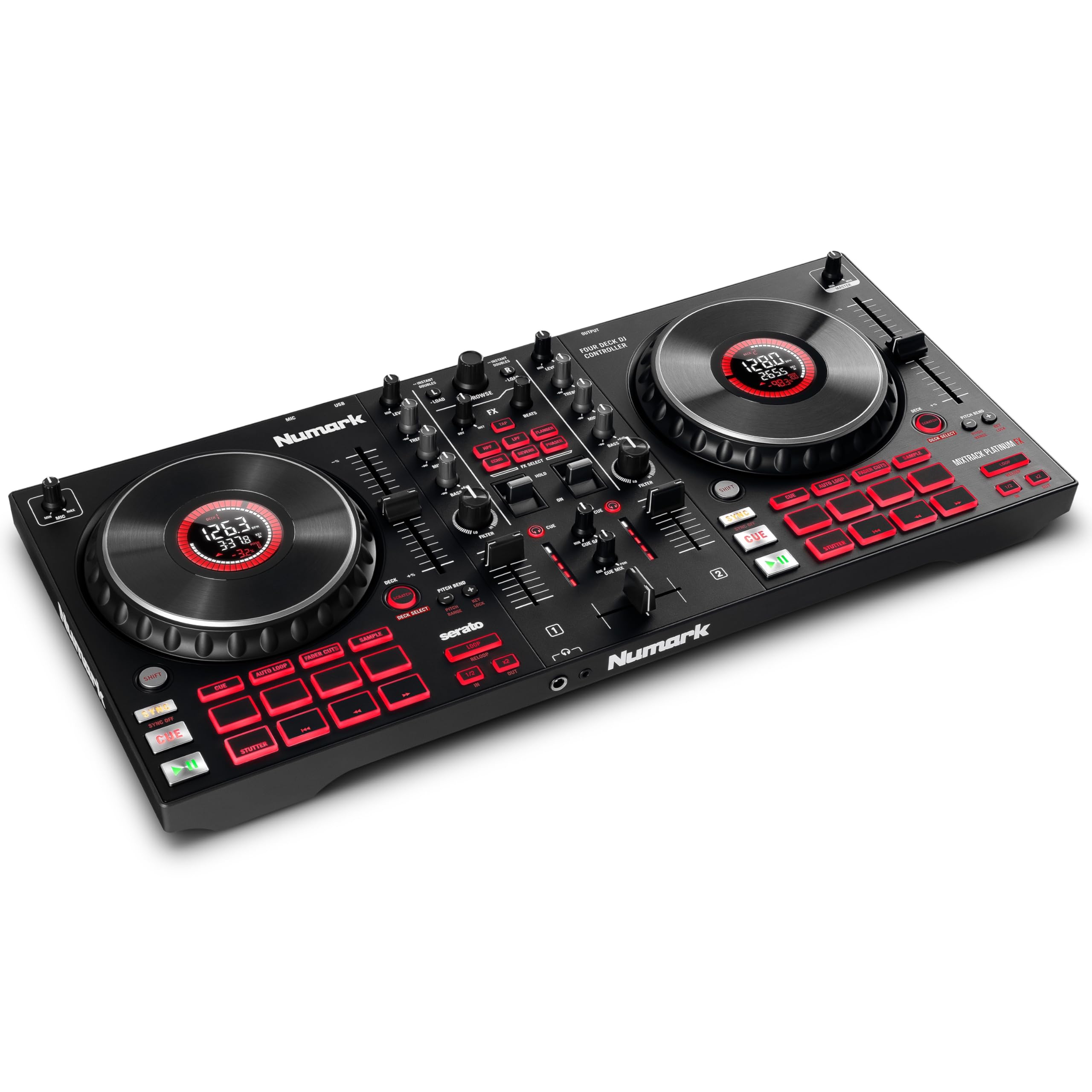 Numark Mixtrack Platinum FX - 4 Kanal DJ Kontrol Cihazı, 24 Bit Ses, Kulaklık Çıkış, Ses kartlı, 4 Deck, 6" Jog Tekerleği