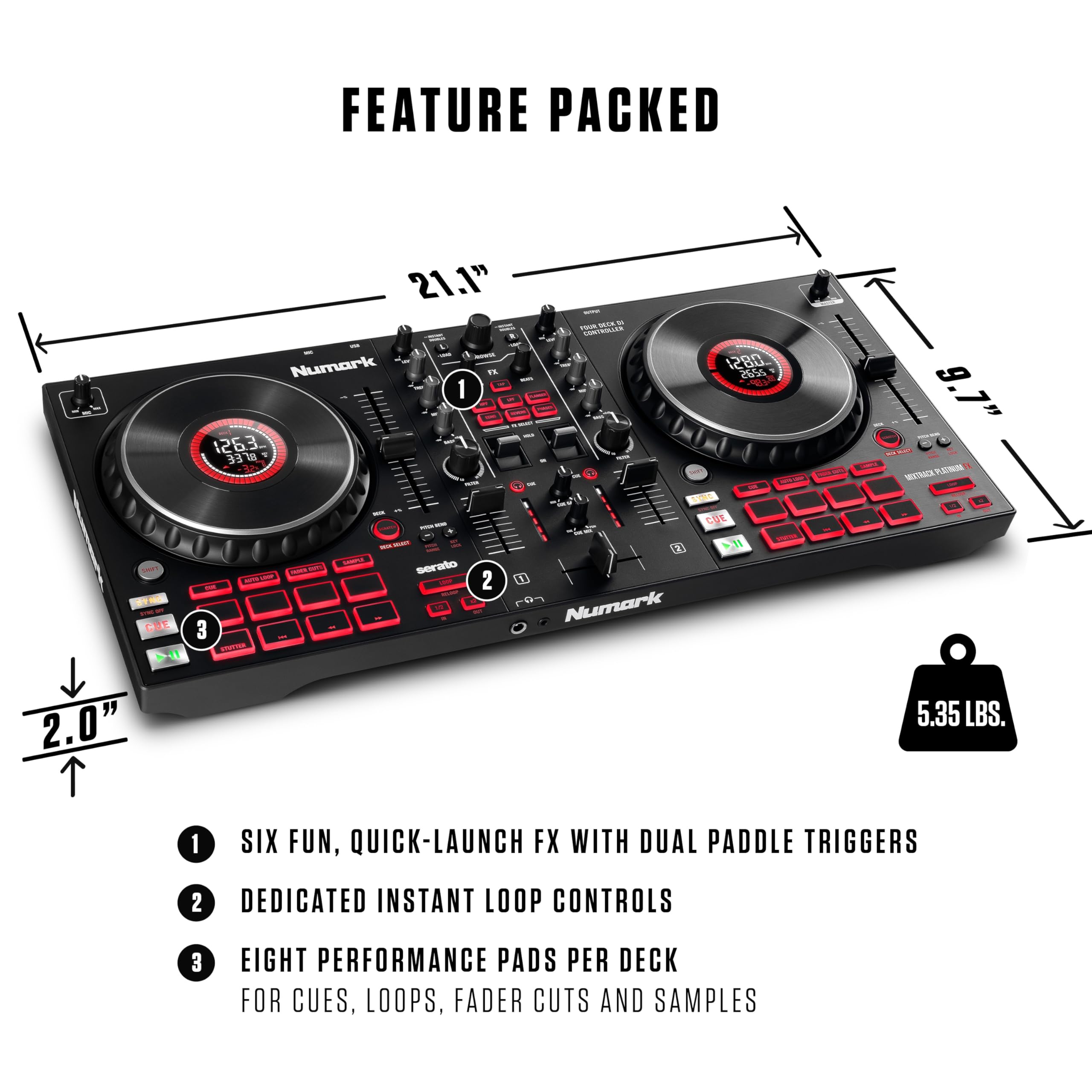 Numark Mixtrack Platinum FX - 4 Kanal DJ Kontrol Cihazı, 24 Bit Ses, Kulaklık Çıkış, Ses kartlı, 4 Deck, 6" Jog Tekerleği