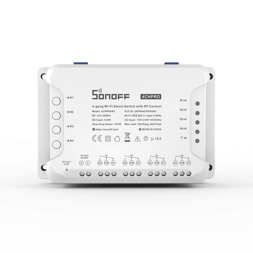 SONOFF 4CH Pro R3 Wi-Fi Akıllı Anahtar 4 Kanal Din Ray Montaj Ev Otomasyonu, Kendinden Kilitleme/Kilitleme Kontrolü Ev Aletleri, RF/APP/Ses/LAN Kontrolü, Alexa ile Çalışır (1 Paket)