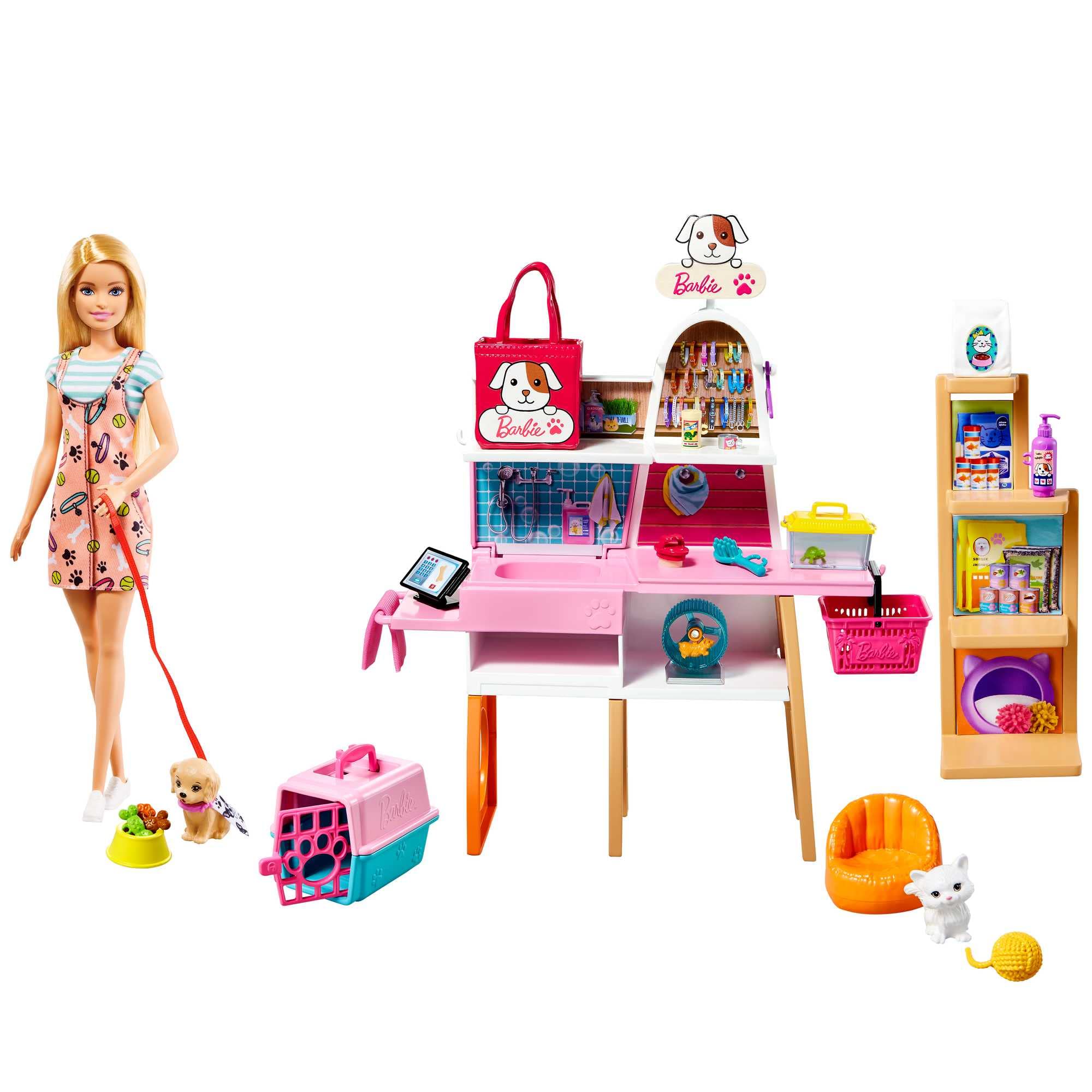 Barbie ve Evcil Hayvan Dükkanı Oyun Seti Barbie Bebek ve Evcil Hayvan Dükkanı Oyun Seti, 4 Hayvan Arkadaş ve Aksesuarlar Dahil, 3-7 Yaş Arası İçin GRG90 GRG90