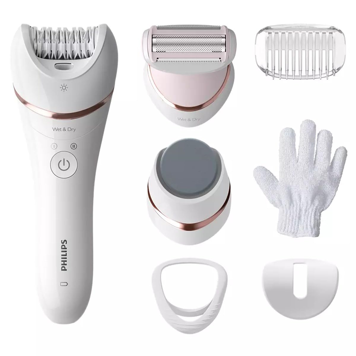 Philips Epilasyon Cihazı, Islak ve Kuru Kablosuz Kullanım, LED Işık, Ekstra Geniş Başlık, Hassas Bölge Başlığı, Pedikür Ayak Törpüsü, 6 Aksesuar Dahil, Beyaz Renk, BRE730/05
