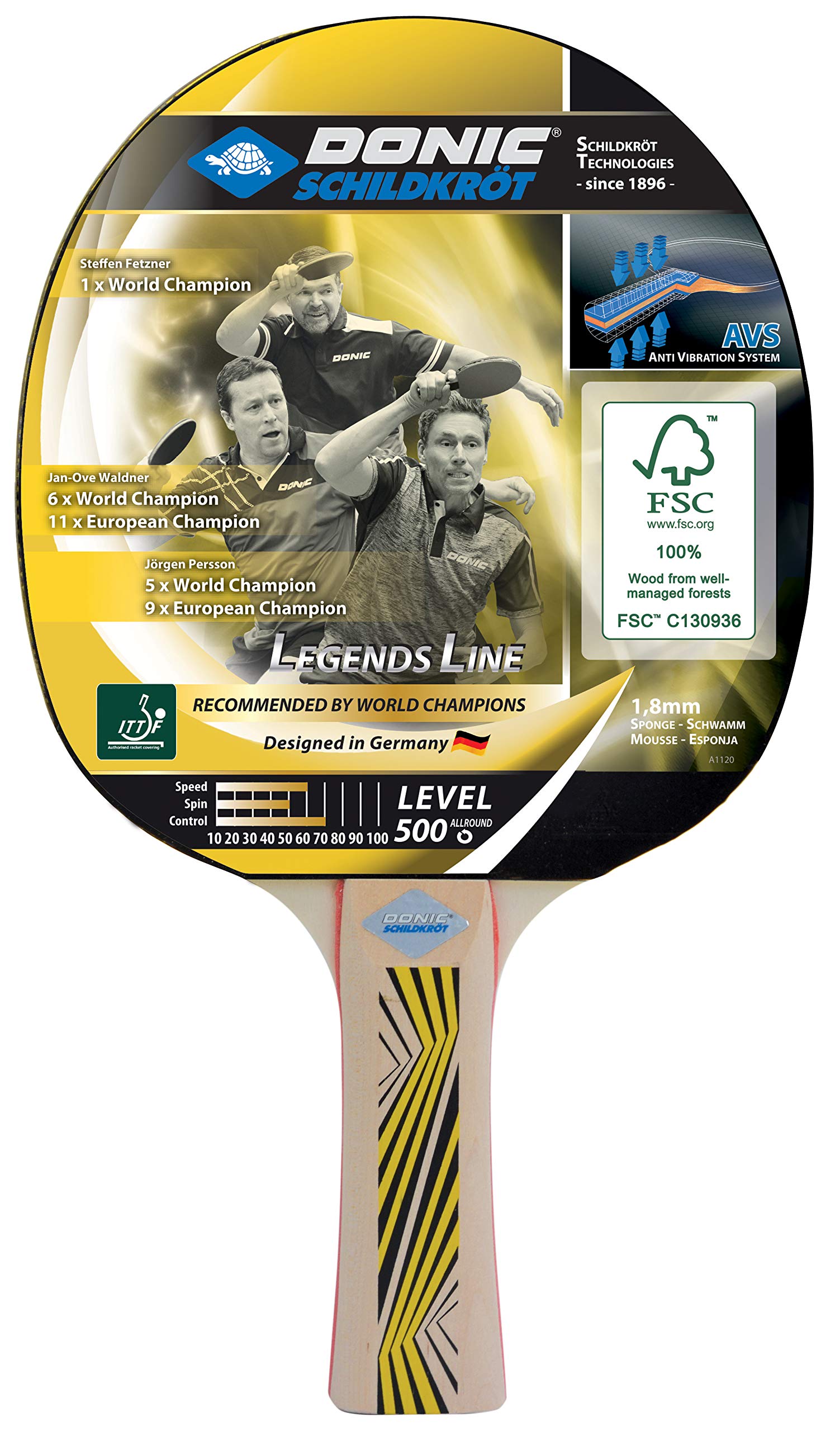 Donic-Schildkröt masa tenisi raketi Legends 500 FSC, AVS kavrama sönümleme, 1,8 mm sünger, FSC ahşap, Elite - ITTF kaplama, 714407