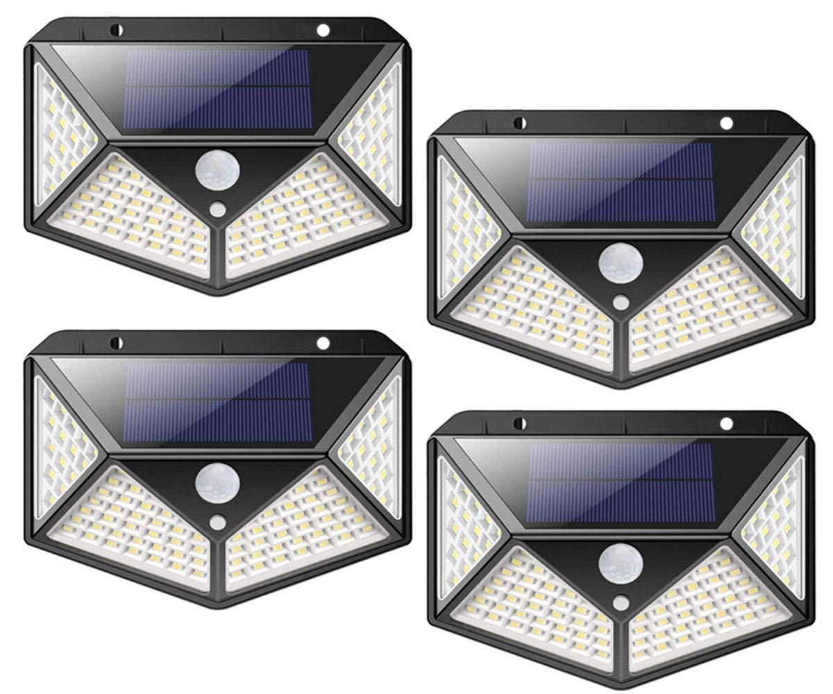 VRK Dış mekan için solar lambalar, 100 LED 1800 mAh dış mekan güvenlik ışığı, hareket dedektörlü, su geçirmez, 300° duvar lambaları, kablosuz güneş enerjisiyle çalışan lambalar, bahçe dış mekan için 3 mod (4 adet)