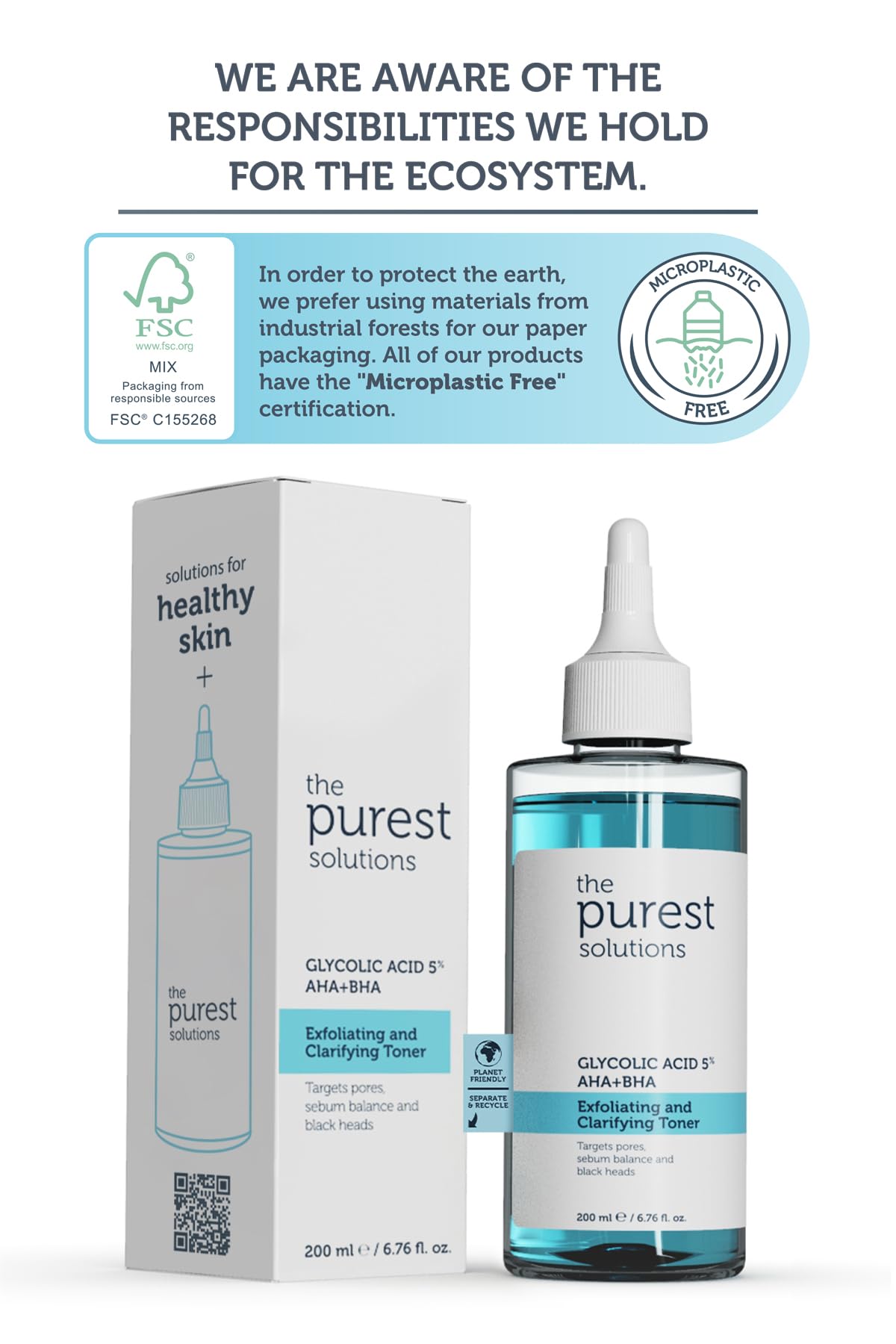 The Purest Solutions, Gözenek ve Siyah Nokta Görünümünü Azaltmaya Yardımcı Arındırıcı Tonik,%5 Glikolik Asit, AHA, BHA, 200 ml