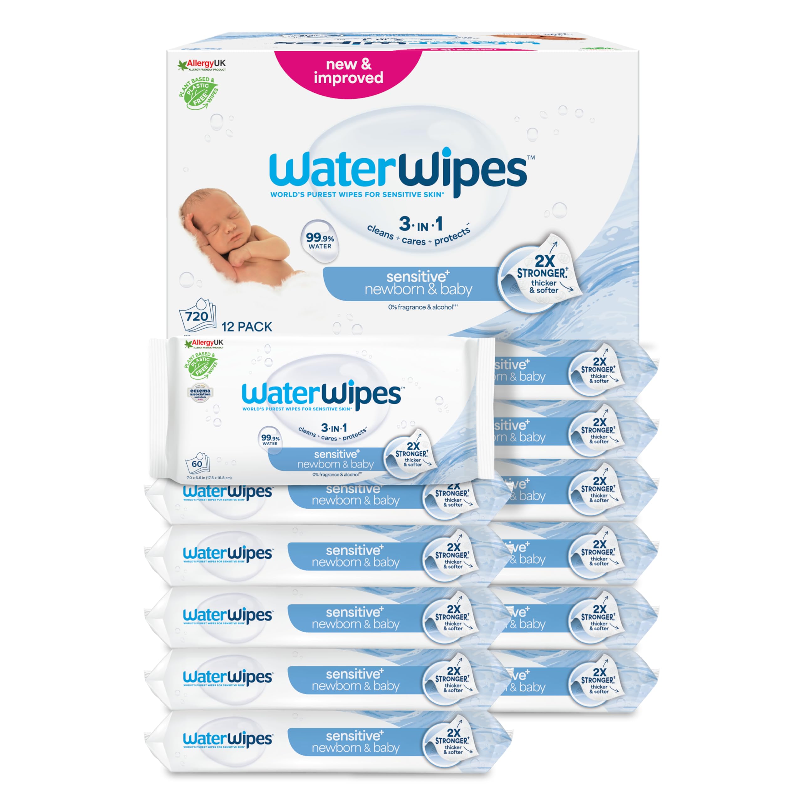 WaterWipes Yeni Doğan & Hassas Ciltler için 720 Yaprak Bebek Islak Mendili (12 x 60 Adet), Bitki Tabanlı