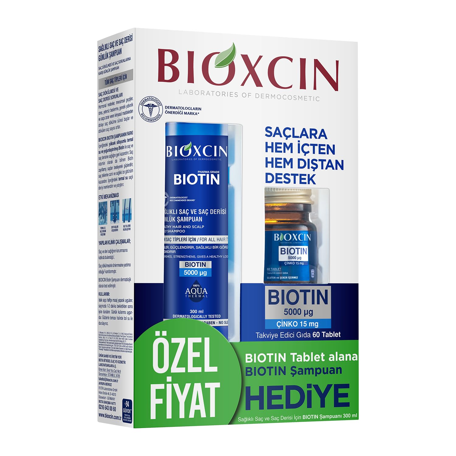 Bioxcin Biotin Saç Bakım Seti – Dökülme Karşıtı Şampuan 300 ml + Biotin 5000 mcg 60 Tablet – Saç Sağlığı İçin Takviye Edici Set