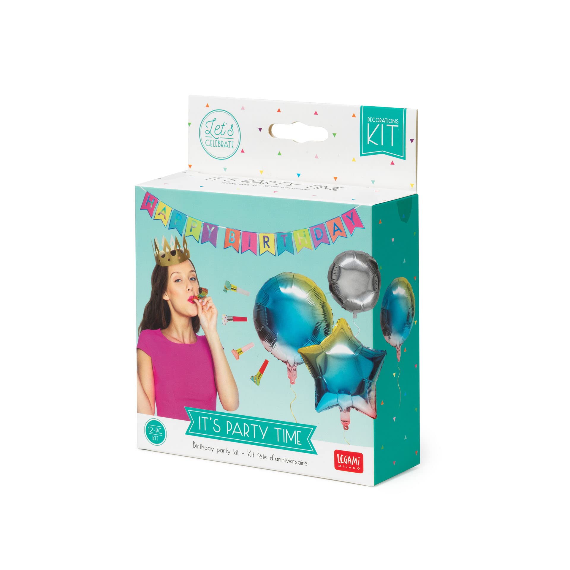 Legami - Doğum günü kutlaması, 1 çelenk, 1 taç, 4 trompet, 5 balon balonu, balon şişirmek için pipet