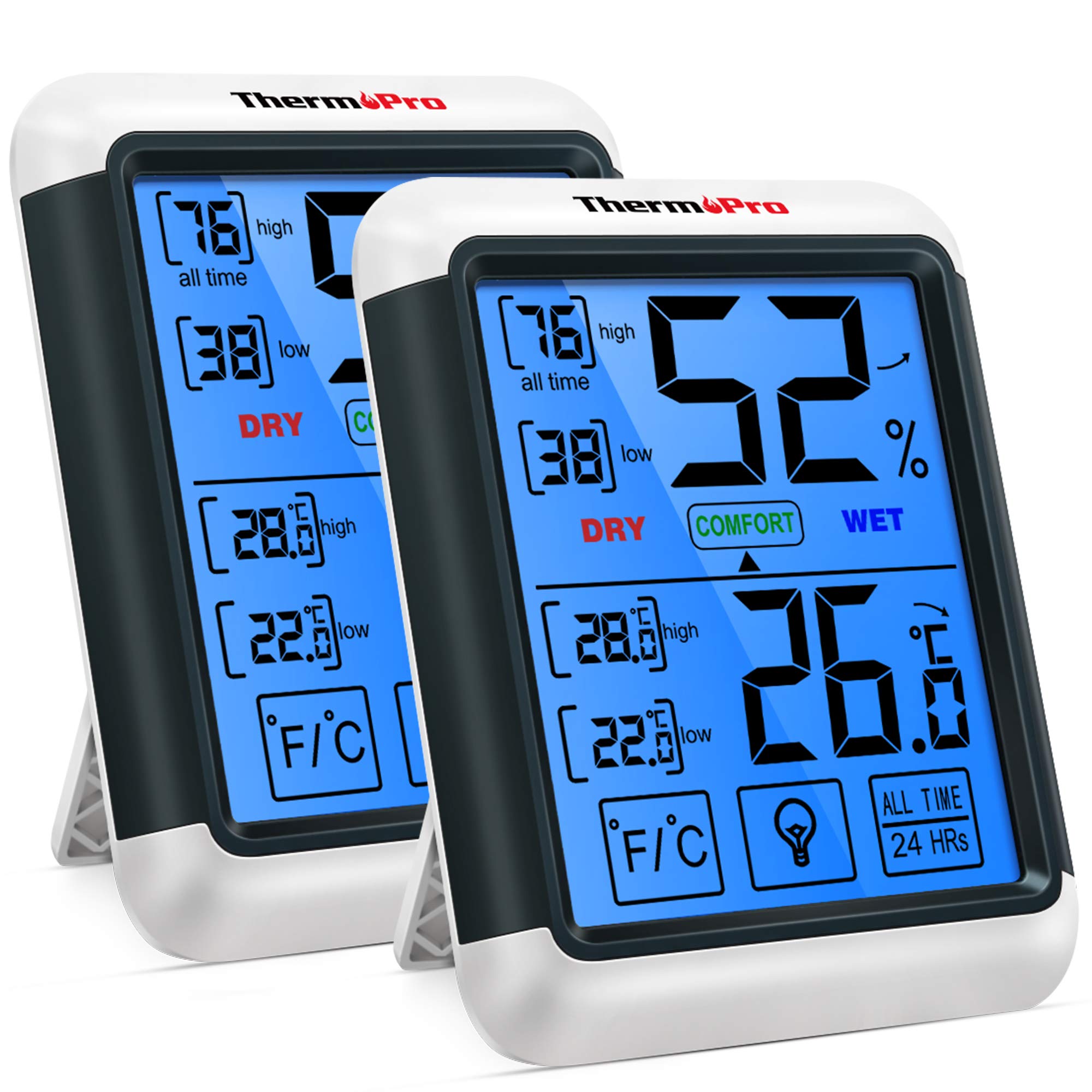 ThermoPro TP55 Dijital İç Mekan Higrometre Termometresi Sıcaklık ve Nem Monitörü Bebek Odası Çocuk Odası Nemi Ölçer, Büyük Arka Aydınlatmalı Dokunmatik Ekranlı, 2 Parça