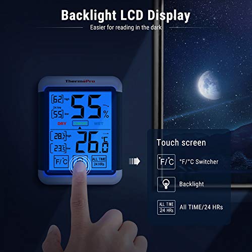 ThermoPro TP55 Dijital İç Mekan Higrometre Termometresi Sıcaklık ve Nem Monitörü Bebek Odası Çocuk Odası Nemi Ölçer, Büyük Arka Aydınlatmalı Dokunmatik Ekranlı, 2 Parça