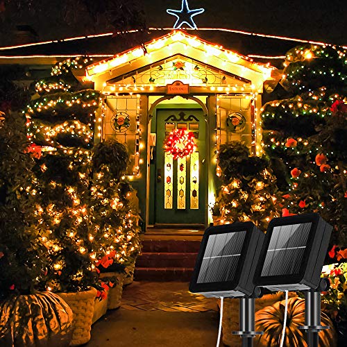 BXROIU Solar Peri Işıkları Dış Mekan, [2'li Paket] 100 LED'ler Peri Işıkları Dış Mekan Güneş 10 Metre 8 Mod Dış Mekan Telli Işıklar Düğün, Parti ve Noel, Bahçe Dekorasyonu Binası Aydınlatma Dış Mekan (Sıcak Beyaz)