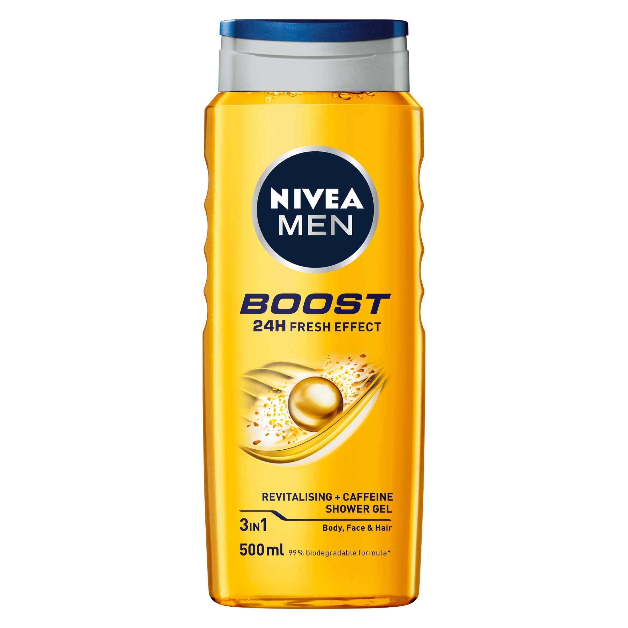 NIVEA Men Boost Duş Jeli 500 ml, 3'ü 1 Arada Komple Bakım, Vücut, Saç ve Yüz için, Kafein ile Canlandırıcı Bakım