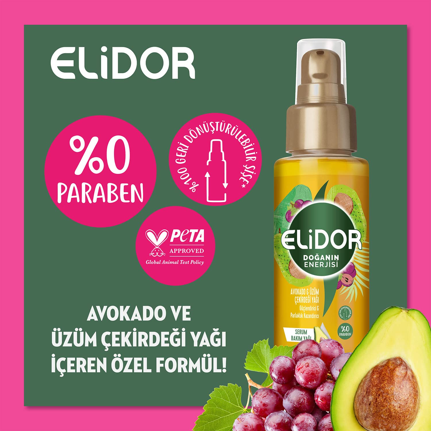 Elidor Kalın ve Gür Avokado ve Üzüm Çekirdeği Saç Yağı (80 ml)