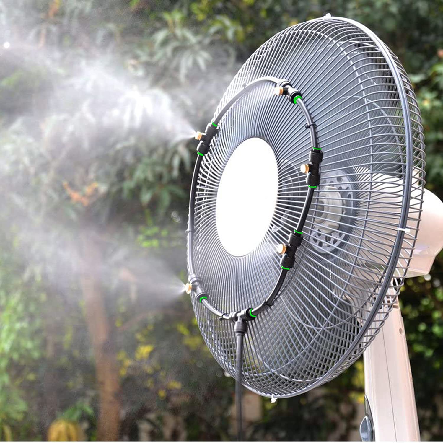 iRuiZhe Dış Mekan Fan Sis Soğutma Sistemi Kiti Veranda Vantilatörü, Bahçe Serası için 19,6 FT (5,9 M) Buğu Hattı ve 5 Metal Sis Nozulu + Galvanizli Prinç Adaptör Uygun