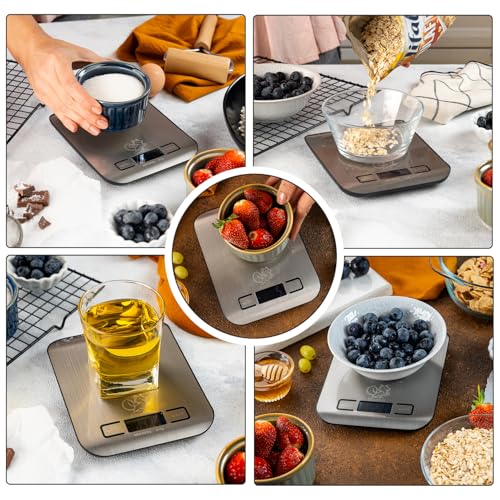 Bluefox Dijital Mutfak Terazisi - Paslanmaz Çelik Yüzeyli Hassas Mutfak Tartısı - Dara İşlevi, LED Ekran, 5 Birim Dönüştürme ve Otomatik Kapanma Özellikli - 5 kg Tartı Kapasitesi