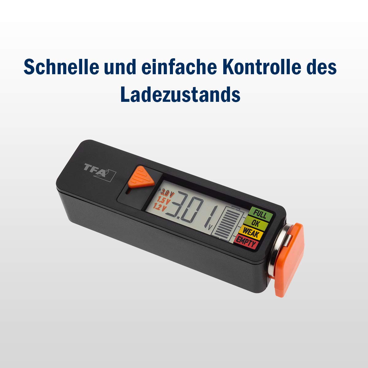 TFA Dostmann Pil test cihazı BatteryCheck, 98.1126.01, piller ve aküler için (AAA,AA,C, D), düğme pil, blok pil, şarj durumu/Volt göstergesi, kolay ve hızlı, siyah