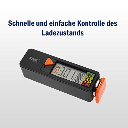 TFA Dostmann Pil test cihazı BatteryCheck, 98.1126.01, piller ve aküler için (AAA,AA,C, D), düğme pil, blok pil, şarj durumu/Volt göstergesi, kolay ve hızlı, siyah