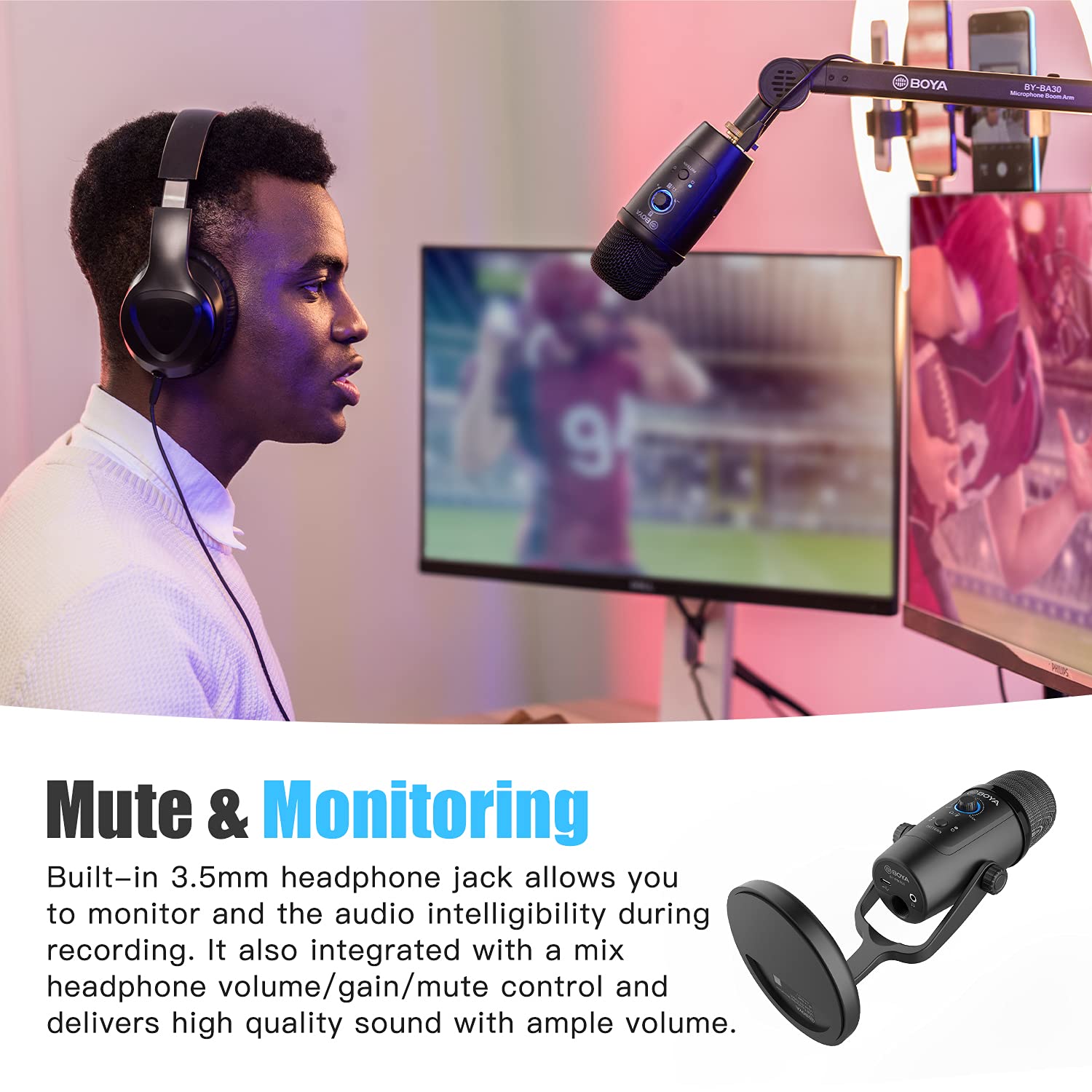 BOYA USB kondansatörlü mikrofon, By-PM500 USB stüdyo mikrofonu, Windows, Mac ve PC için, Vokal, YouTube akışı, oyun, konferans çağrısı, ASMR, Podcast video kaydı için çıkarılabilir stant