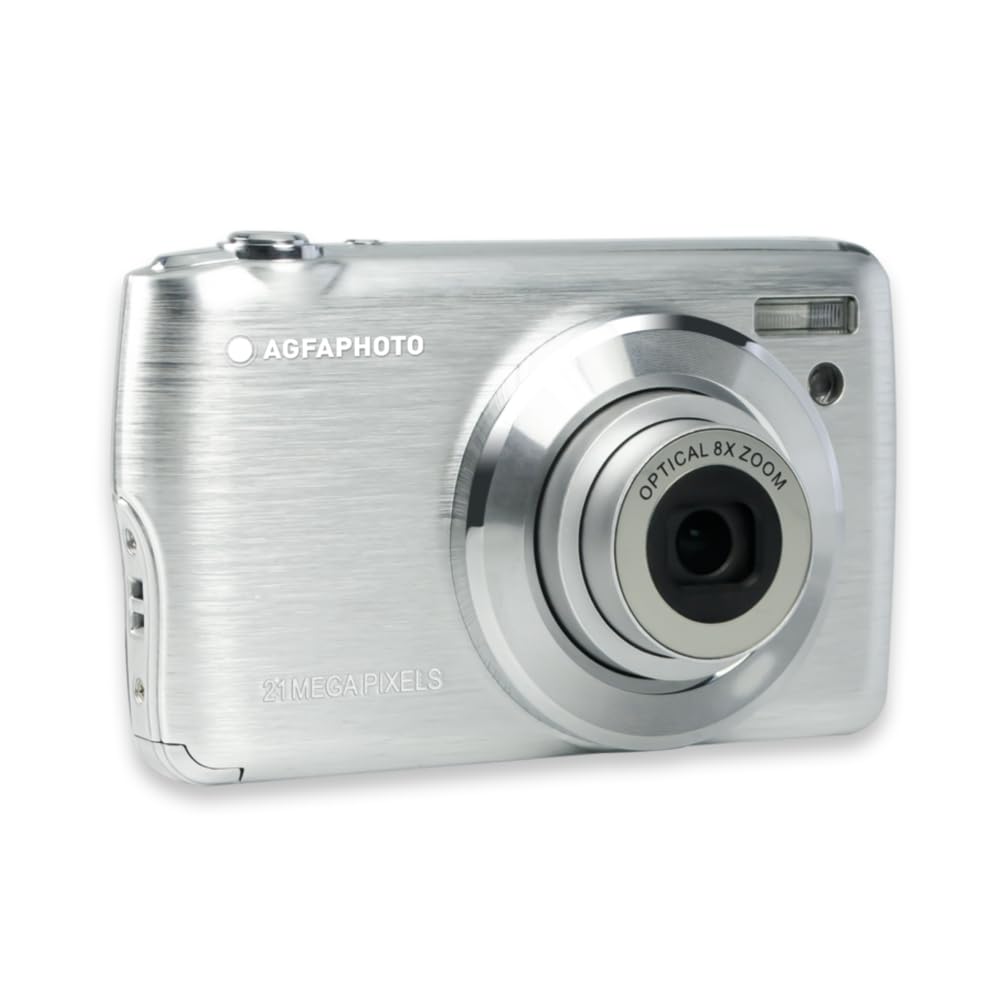 AgfaPhoto Realishot DC8200 fotoğraf makinesi, dijital kamera, kompakt, 18 MP, Full HD, LCD ekran, 2,7 inç, optik zoom, 8 x lityum pil ve SD kart 16 GB, gümüş