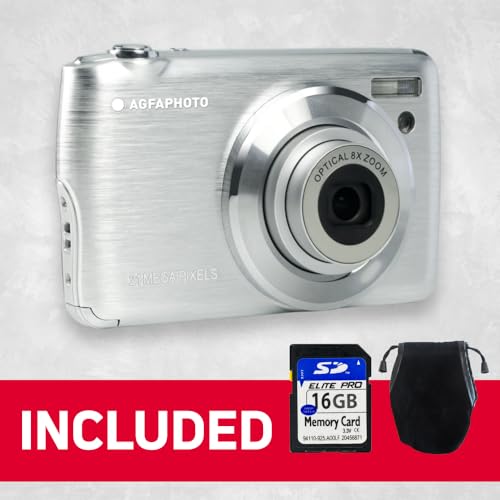 AgfaPhoto Realishot DC8200 fotoğraf makinesi, dijital kamera, kompakt, 18 MP, Full HD, LCD ekran, 2,7 inç, optik zoom, 8 x lityum pil ve SD kart 16 GB, gümüş