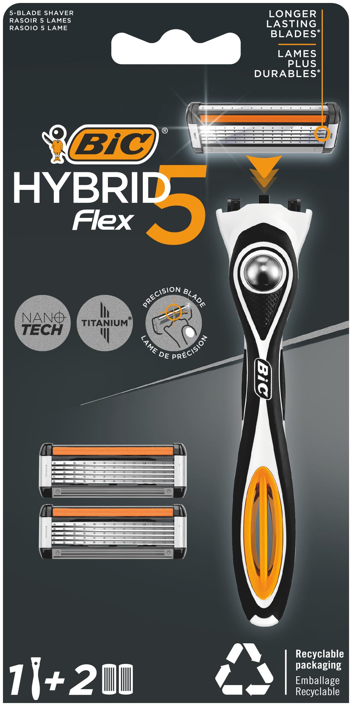 BIC Hybrid 5 Flex Erkek Tıraş Bıçağı 1 Sap ve 2 Yedek Başlık (5 Bıçak), 5 Nano Teknolojik Titanyum Bıçak, E Vitamini ile Zenginleştirilmiş Geniş Kayganlaştırıcı Bant