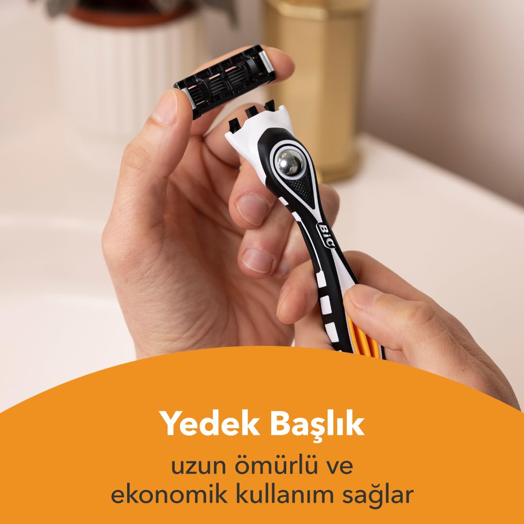 BIC Hybrid 5 Flex Erkek Tıraş Bıçağı 1 Sap ve 2 Yedek Başlık (5 Bıçak), 5 Nano Teknolojik Titanyum Bıçak, E Vitamini ile Zenginleştirilmiş Geniş Kayganlaştırıcı Bant