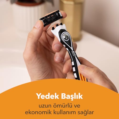 BIC Hybrid 5 Flex Erkek Tıraş Bıçağı 1 Sap ve 2 Yedek Başlık (5 Bıçak), 5 Nano Teknolojik Titanyum Bıçak, E Vitamini ile Zenginleştirilmiş Geniş Kayganlaştırıcı Bant
