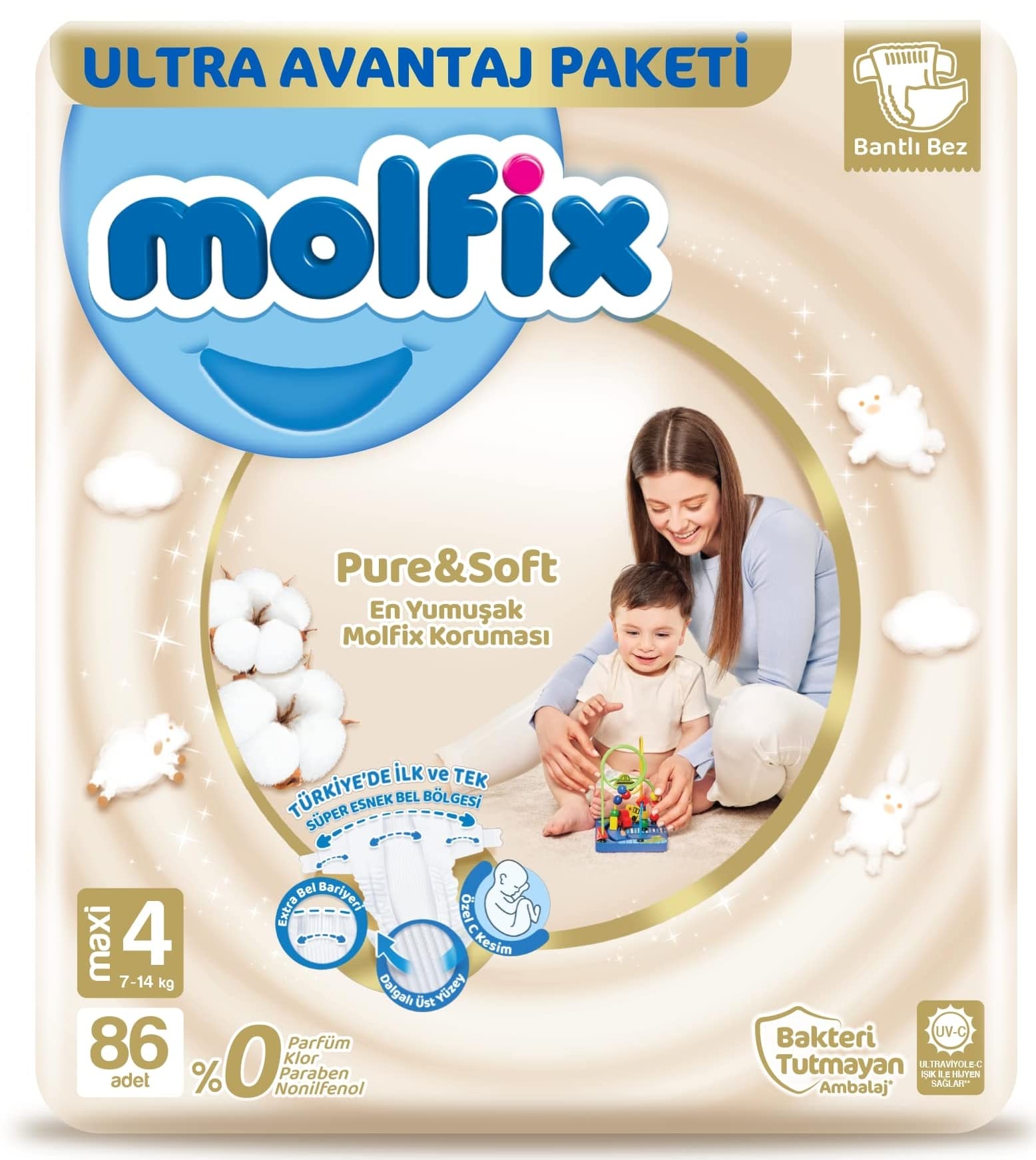 Molfix Bebek Bezi Pure&Soft Maxi 4 Beden Aylık Paket 86 Adet