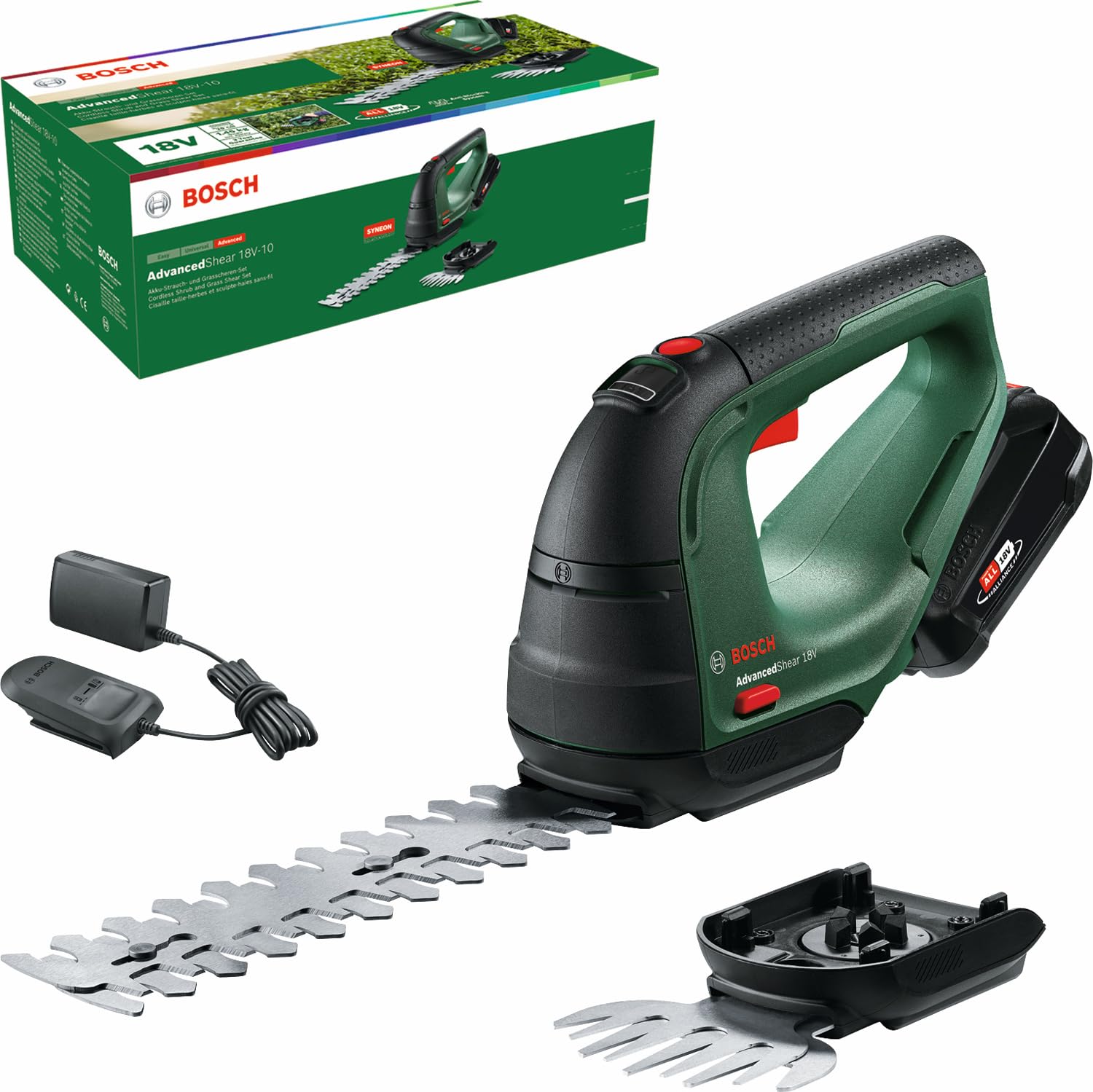 Bosch Home and Garden AdvancedShear 18V-10 akülü çim makası (1 akü 2,0 Ah, 18 Volt sistem, akü şarjı başına 85 m²'ye kadar keser, çalı ve çim makası bıçağı, kartonda)