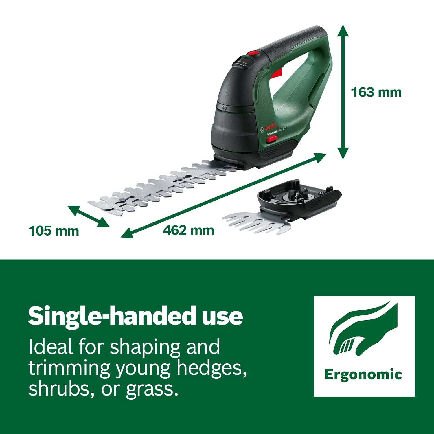 Bosch Home and Garden AdvancedShear 18V-10 akülü çim makası (1 akü 2,0 Ah, 18 Volt sistem, akü şarjı başına 85 m²'ye kadar keser, çalı ve çim makası bıçağı, kartonda)