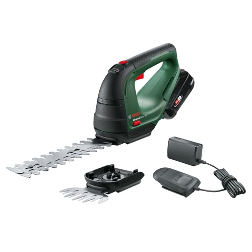 Bosch Home and Garden AdvancedShear 18V-10 akülü çim makası (1 akü 2,0 Ah, 18 Volt sistem, akü şarjı başına 85 m²'ye kadar keser, çalı ve çim makası bıçağı, kartonda)
