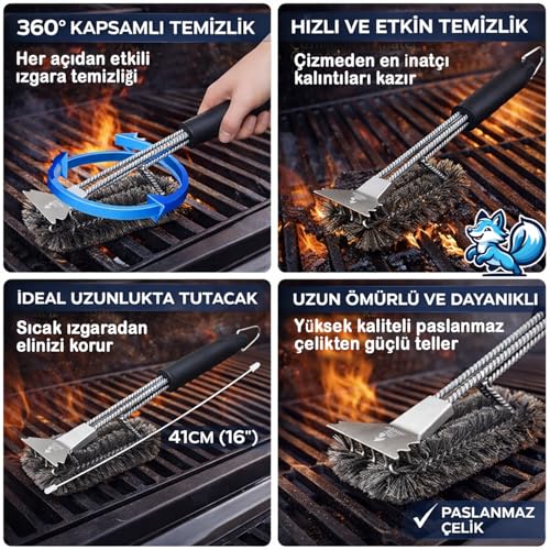 Bluefox Paslanmaz Çelik Izgara Mangal Temizleme Fırçası | Kazıyıcılı, 360º Kapsamlı, 3 Başlı, Ergonomik Tutacaklı Barbekü Fırçası