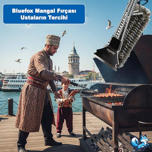 Bluefox Paslanmaz Çelik Izgara Mangal Temizleme Fırçası | Kazıyıcılı, 360º Kapsamlı, 3 Başlı, Ergonomik Tutacaklı Barbekü Fırçası