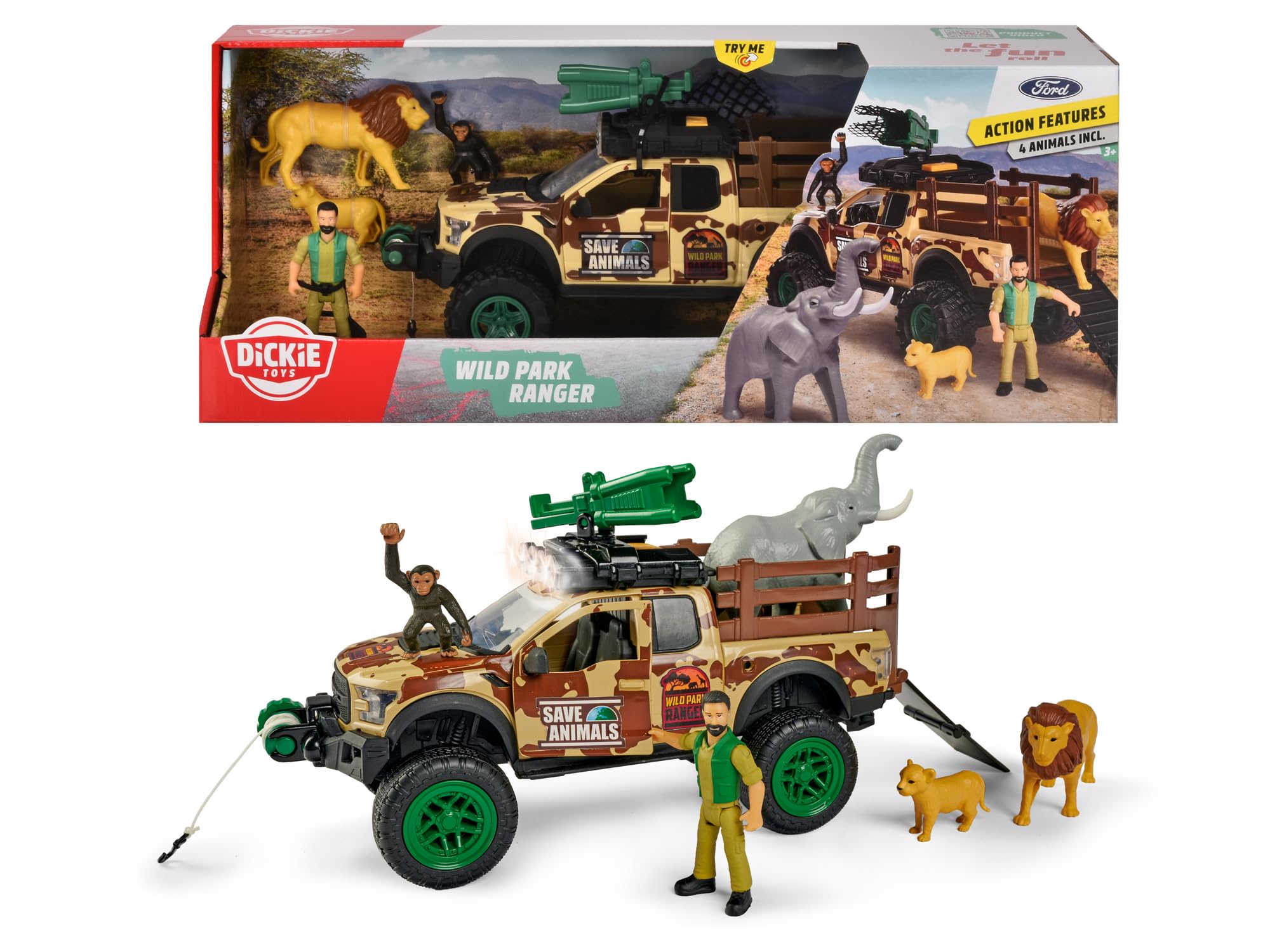 Dickie, 203837016, Vahşi Doğa Korucu Oyuncak Seti, Sesli/Işıklı, 25 cm, Manuel Vinç ve Ağ Tabancası, Hayvan Figürleri, Wild Park Ranger Set