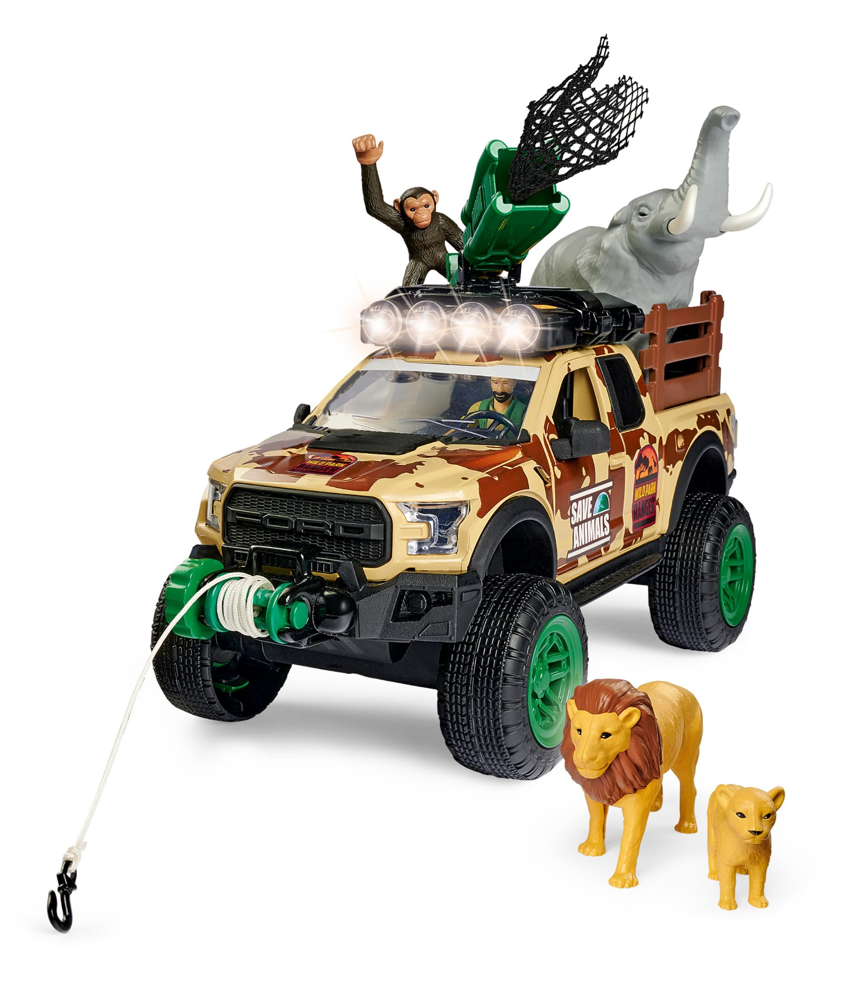 Dickie, 203837016, Vahşi Doğa Korucu Oyuncak Seti, Sesli/Işıklı, 25 cm, Manuel Vinç ve Ağ Tabancası, Hayvan Figürleri, Wild Park Ranger Set