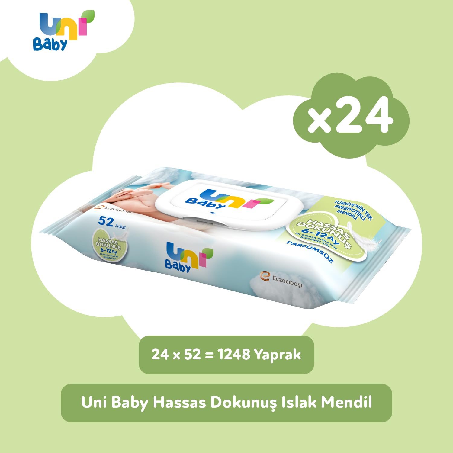 Uni Baby Hassas Dokunuş Islak Mendil, 24 x 52 Yaprak, 6 - 12 Ay
