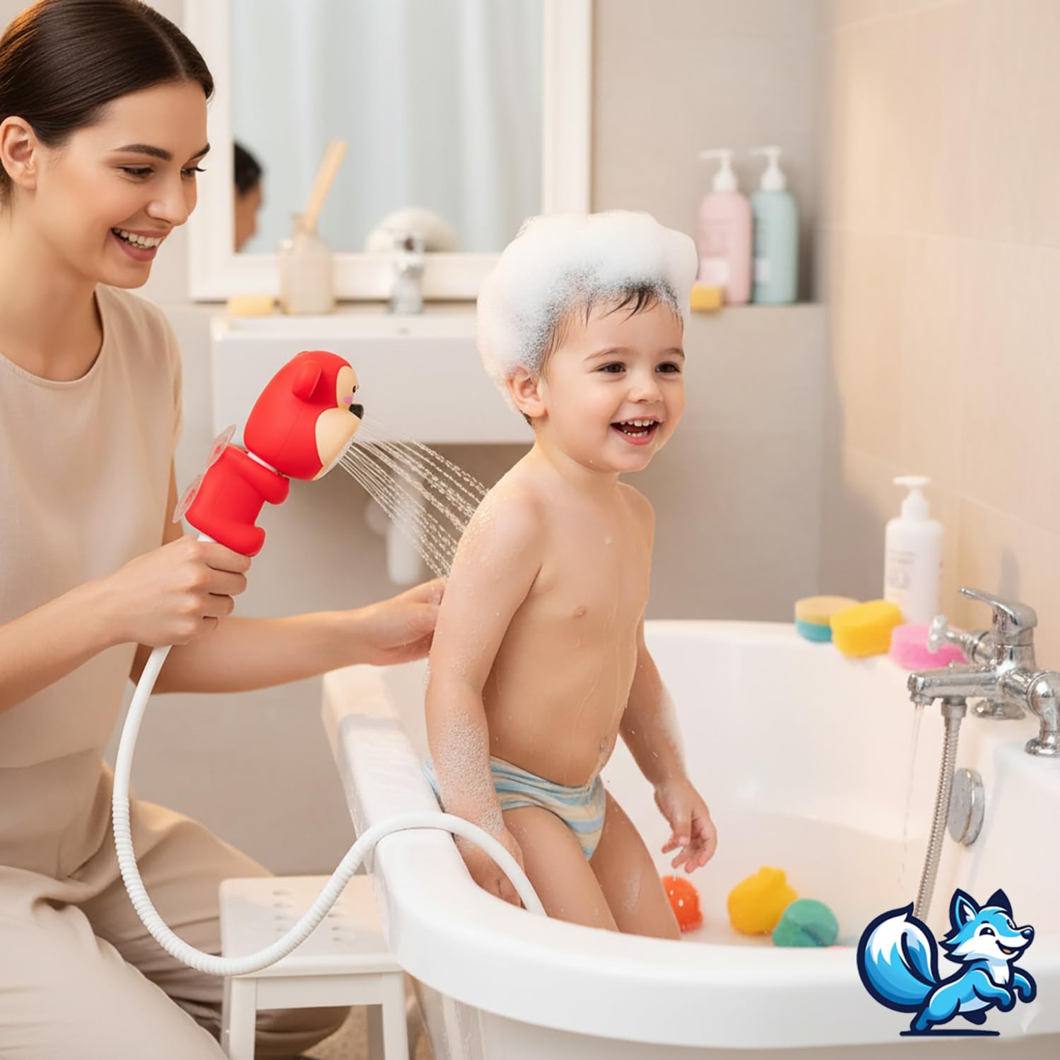 Bluefox Sevimli Hayvan Figürlü Bebek Duş Başlığı – Annelerin Yardımcısı Eğitici Banyo Oyuncağı, Kolay Kurulum, El-Göz Koordinasyonu Geliştirici, Çocuklar İçin Renkli ve Eğlenceli