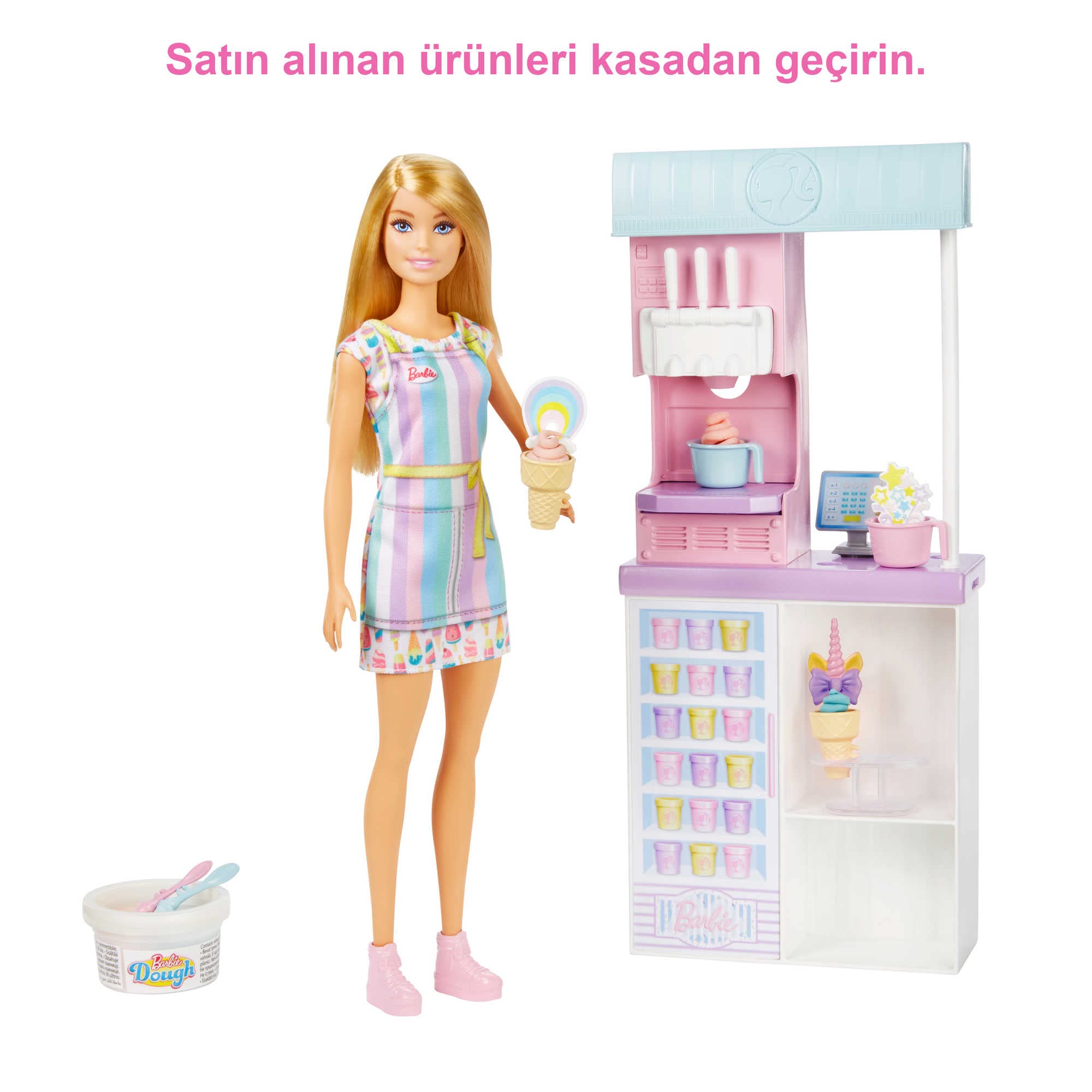 Barbie Dondurma Dükkanı Oyun Seti Barbie Dondurma Dükkanı Oyun Seti, 30 cm sarışın bebek, dondurma y