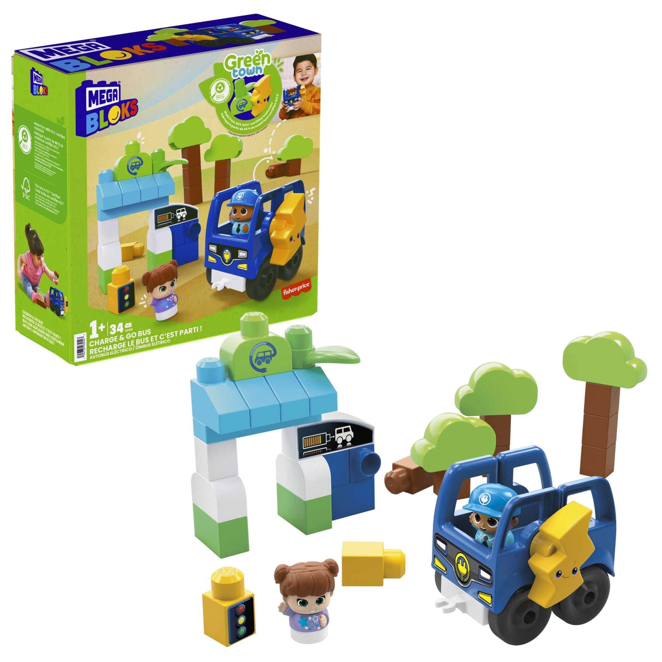 Mega Bloks Doğa Dostu Otobüs Seti, yürüme çağındaki çocuklar için yapı oyuncakları HDX90