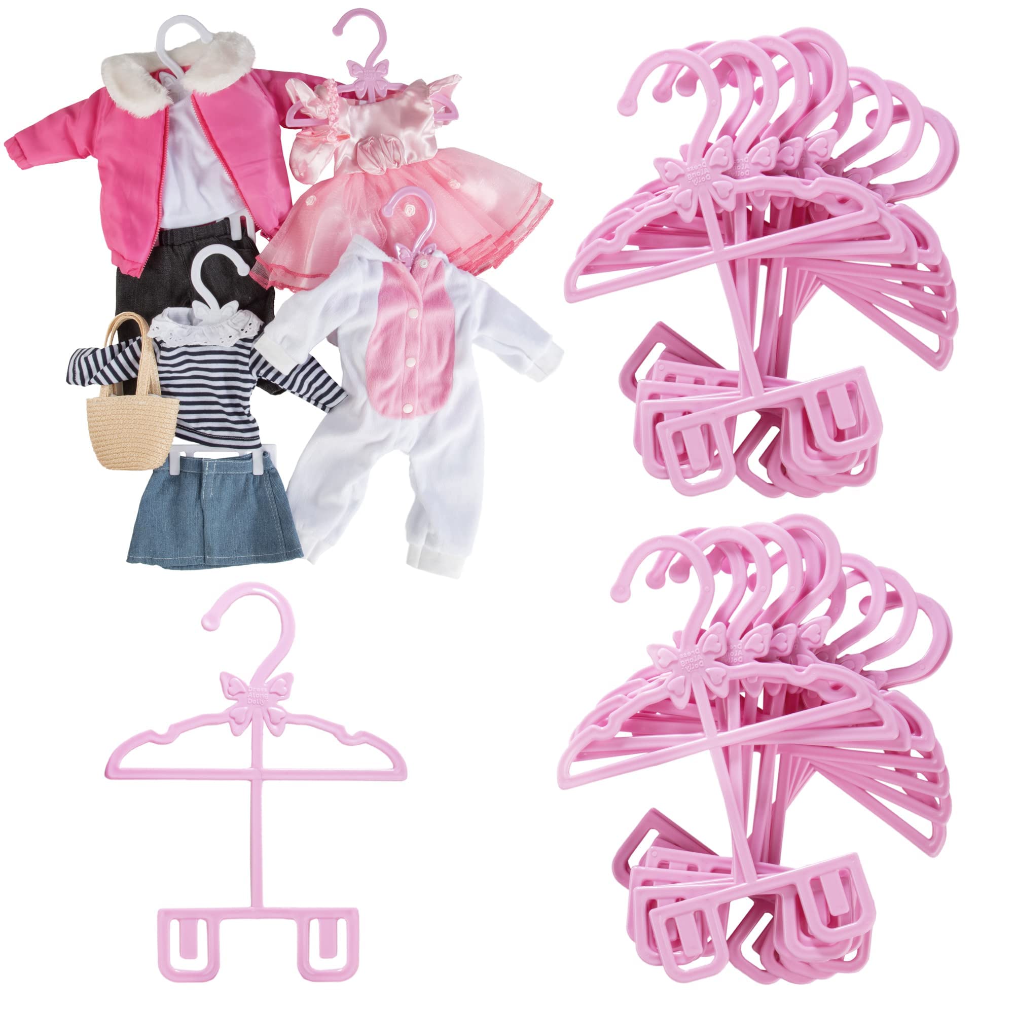Oyuncak Bebek Tam Kıyafet Elbise Askısı 45,72 cm Bebekler için - 24pk - Benzersiz Tasarım Elbiseler, Pantolon, Gömlek, Etek ve Aksesuarlar Dahil Üst ve Altınızı Bir Kez Tutar (Pembe)