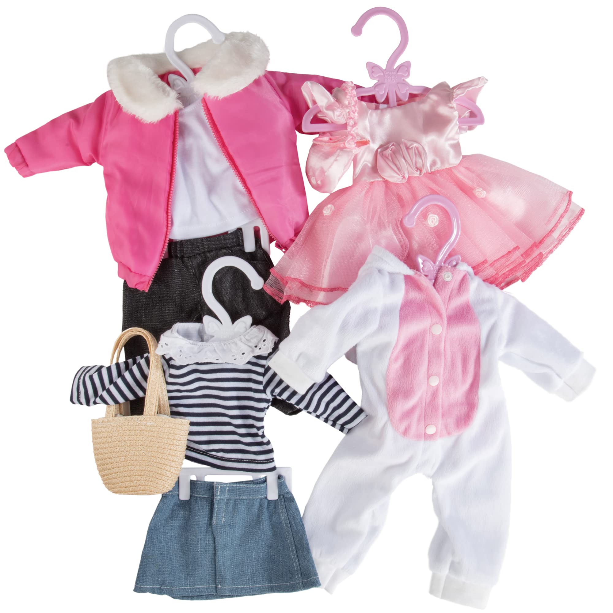 Oyuncak Bebek Tam Kıyafet Elbise Askısı 45,72 cm Bebekler için - 24pk - Benzersiz Tasarım Elbiseler, Pantolon, Gömlek, Etek ve Aksesuarlar Dahil Üst ve Altınızı Bir Kez Tutar (Pembe)